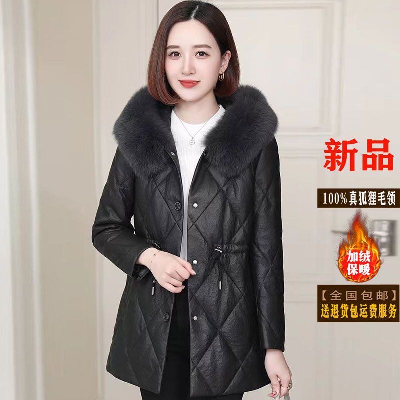 Haining leather jacket plus velvet cold-proof hooded new winter down jacket fashionable fox fur collar thickened top