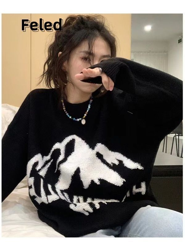 飛拉丹頓設計感小眾高街慵懶風黑色軟糯針織毛衣男女秋冬情侶上衣