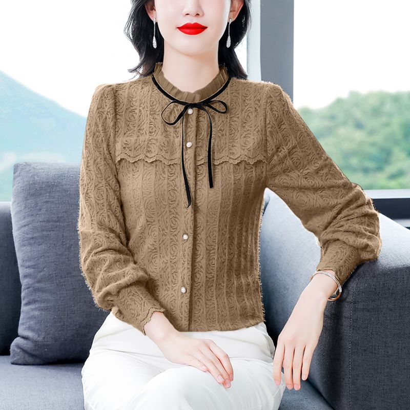時尚加絨蕾絲打底衫女秋冬2023新款氣質女士內搭加厚長袖冬季上衣