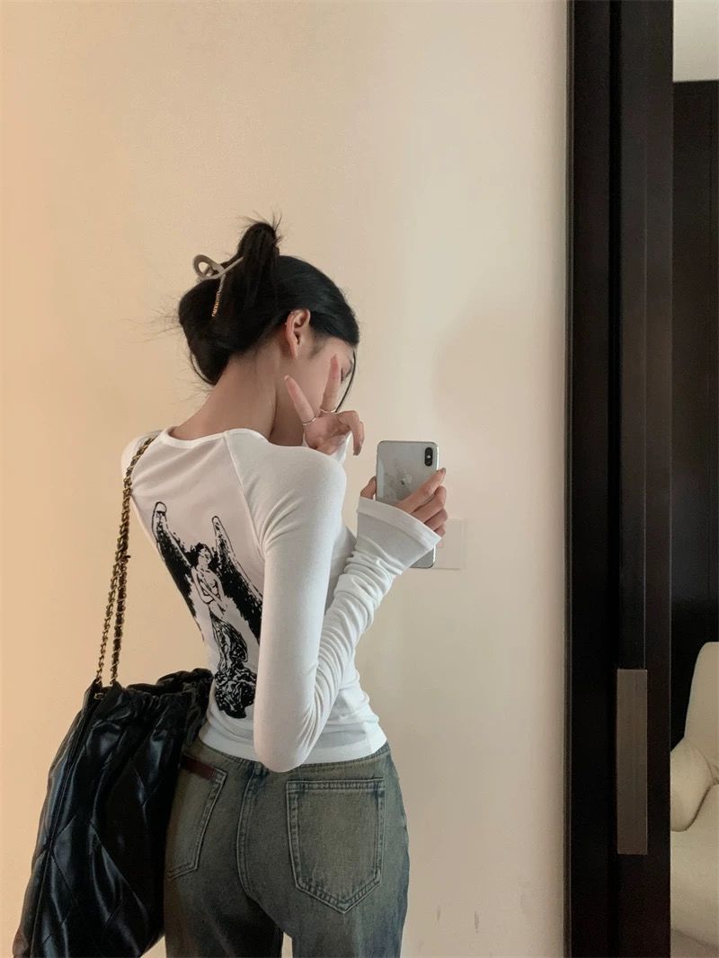 甜辣jazz上衣美式正肩女秋季內搭短款修身顯瘦打底衫氣質長袖T恤