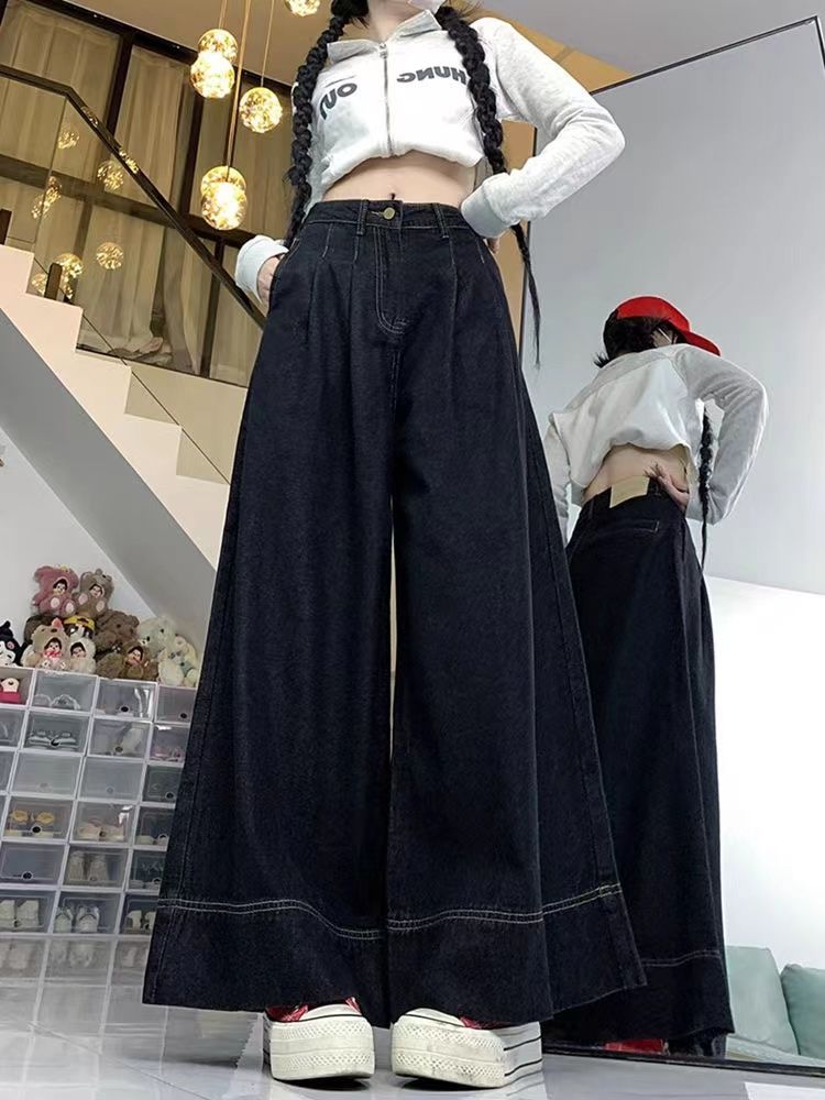 美式復古設計感闊腿牛仔褲女秋冬小個子高腰垂感寬鬆顯瘦直筒褲子
