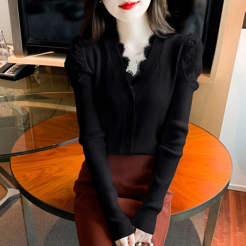 2023年秋冬新款拼接蕾絲毛衣打底衫女時尚泡泡袖修身針織衫上衣潮