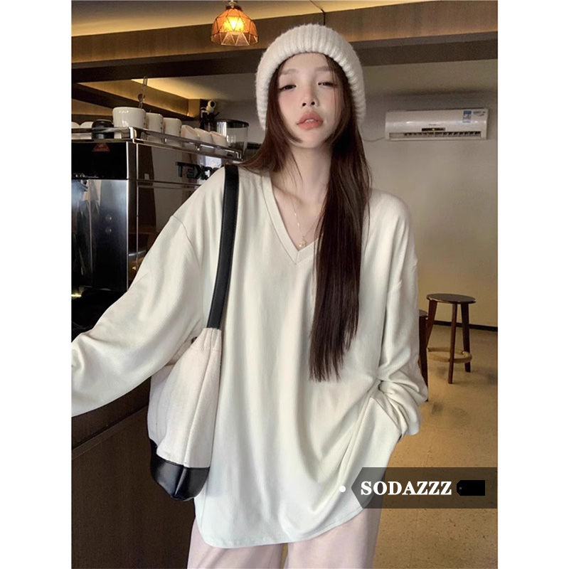 SODAZZZ韓版V領長袖T恤女秋冬新款寬鬆慵懶風純色內搭打底上衣ins