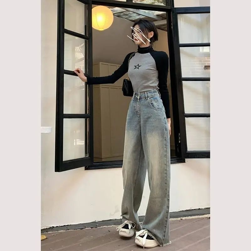 高腰直筒牛仔褲女秋冬季港風新款高個子毛邊拖地褲子寬鬆闊腿長褲