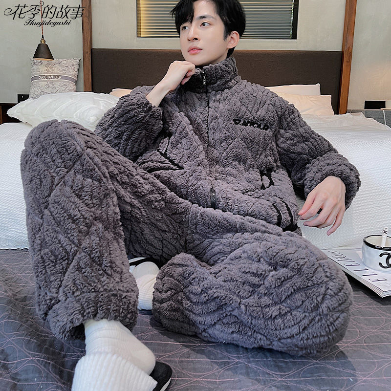 花季的故事睡衣男冬季三層夾棉超厚棉襖套裝帥氣高級感家居服新款