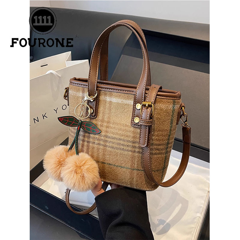 Wool plaid bag women's new high-end shoulder crossbody bag Internet celebrity foreign style portable bucket bag