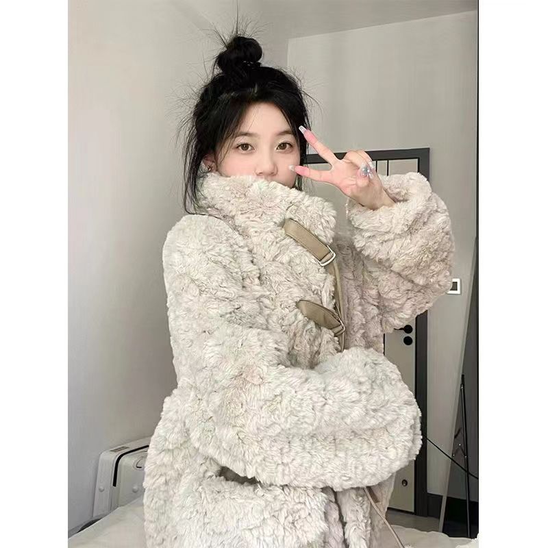 羊羔毛外套女2023冬季新款皮毛一體減齡保暖中長款加厚仿兔毛皮草