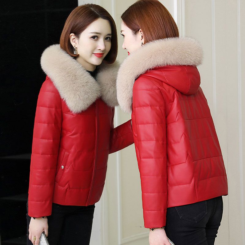 High-end leather jacket women's short style new hooded leather down jacket fox fur small slim fit fur jacket