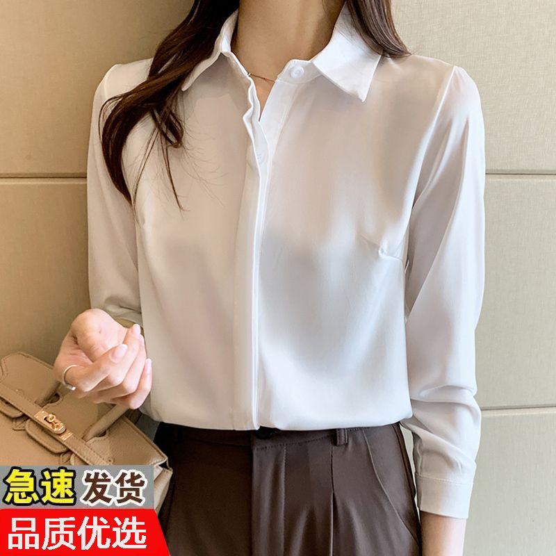 2024年春季新款長袖職業襯衫女百搭抗皺質感緞面襯衣時尚雪紡衫潮