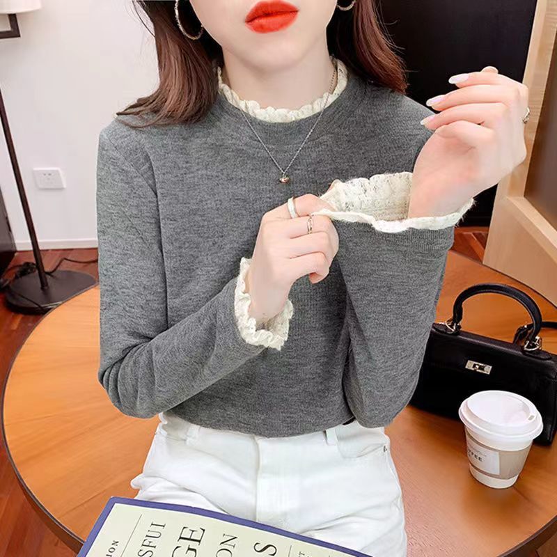 雙面德絨半高領蕾絲長袖打底衫女秋冬新款韓版蕾絲拼接上衣潮