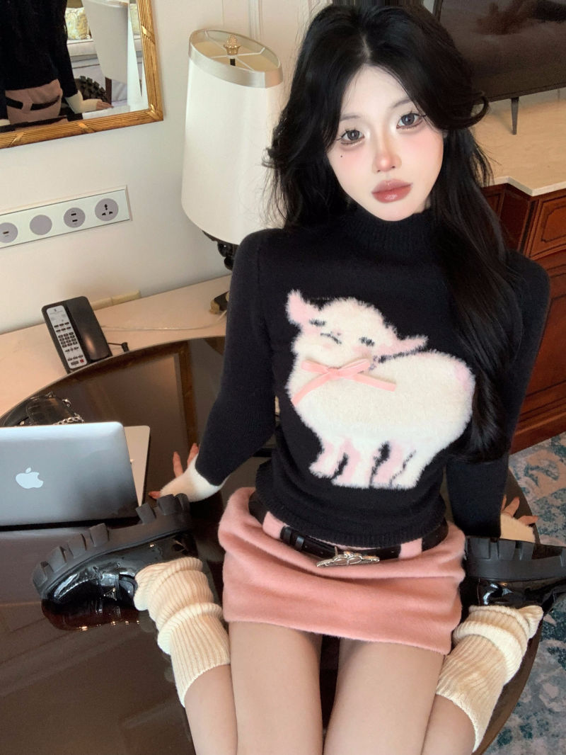 韓系慵懶風小羊黑色軟糯厚毛衣女冬季高級感寬鬆長袖針織百搭上衣