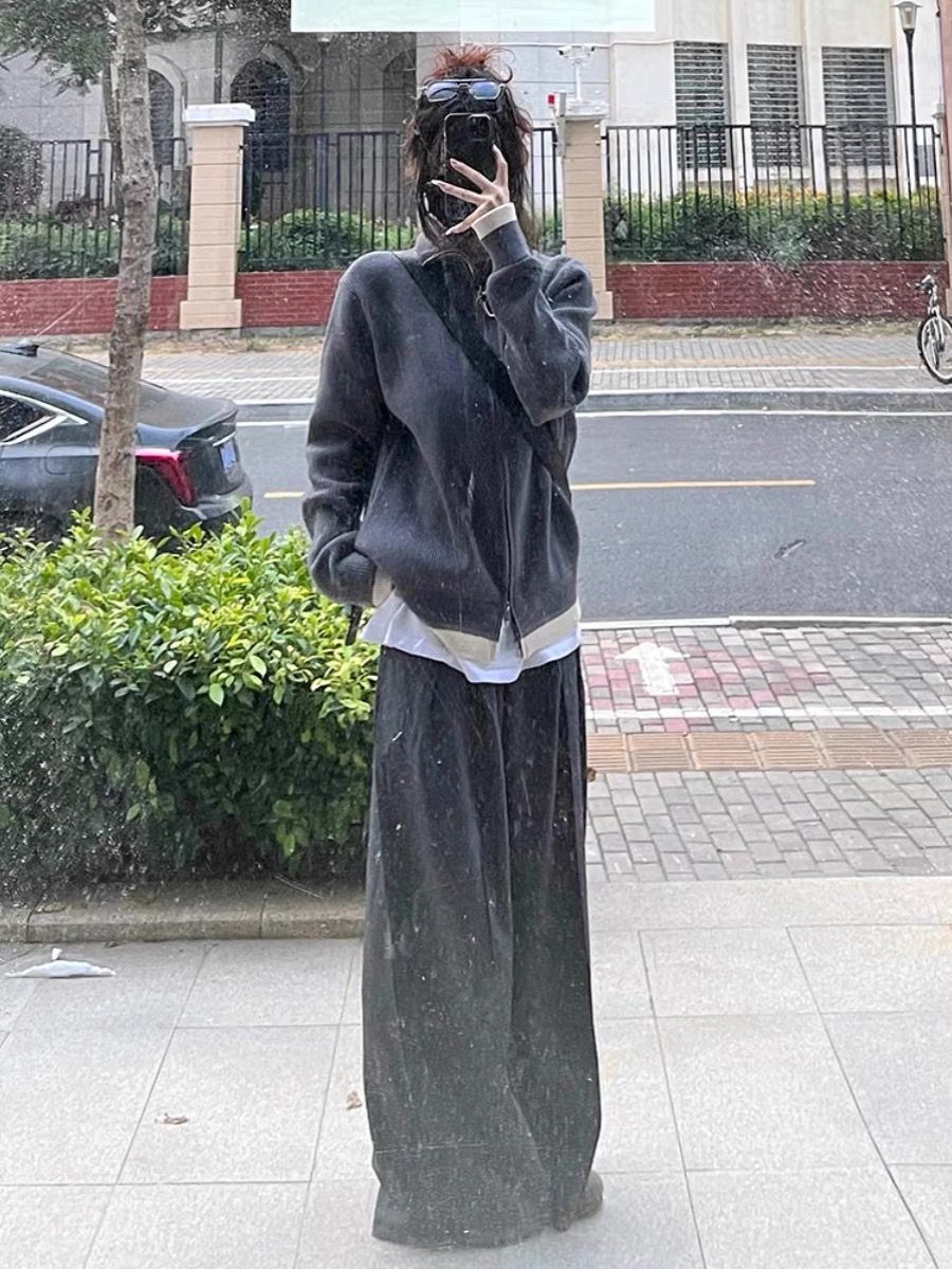 簡約灰色重磅開衫毛衣女秋冬設計感雙頭拉鏈復古高領保暖針織外套