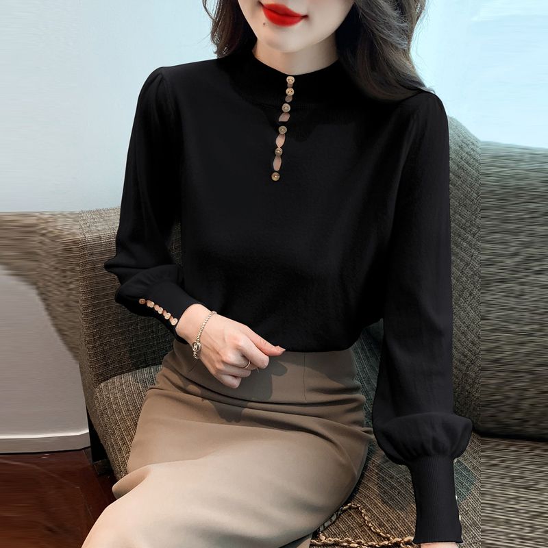 2023年秋裝新款時尚簡約針織打底衫女百搭半高領長袖修身t恤上衣
