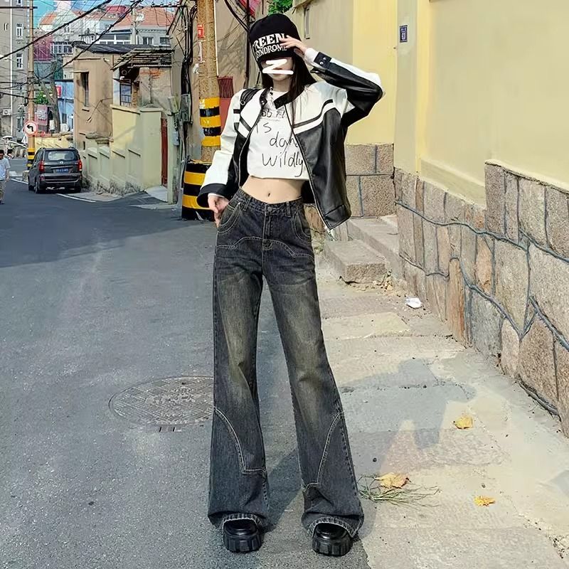 水泥灰美式復古高腰微喇叭牛仔褲女新款顯瘦超顯腿長闊腿拖地長褲