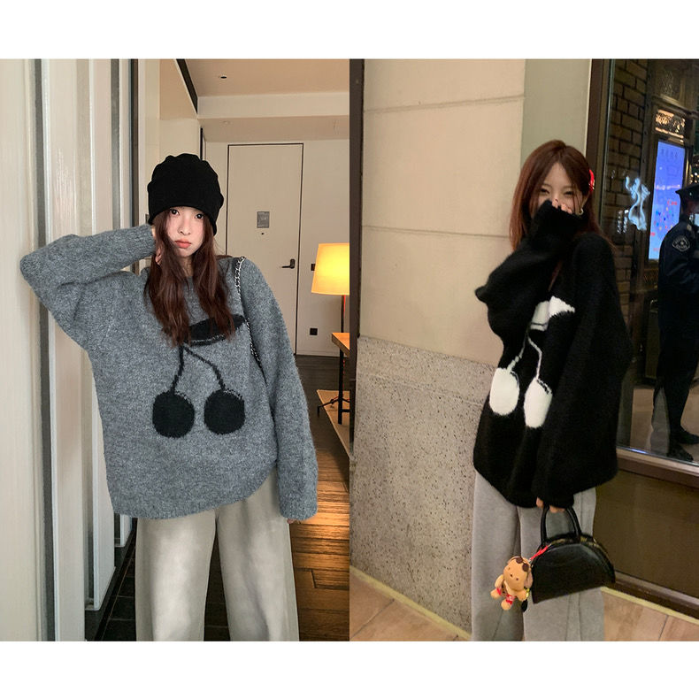 im向 嘭嘭櫻桃!蓬鬆毛感提花加厚毛衣女冬百搭寬鬆套頭毛衫上衣