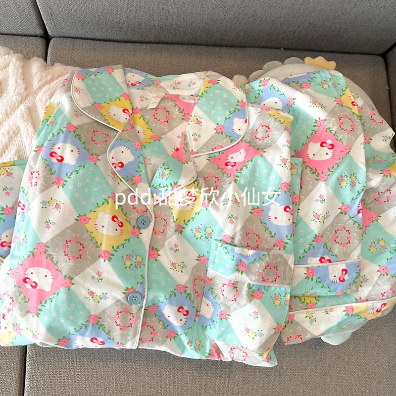 格子睡衣女春秋新款長袖長褲ins日系kt貓學生甜美家居服套裝外穿
