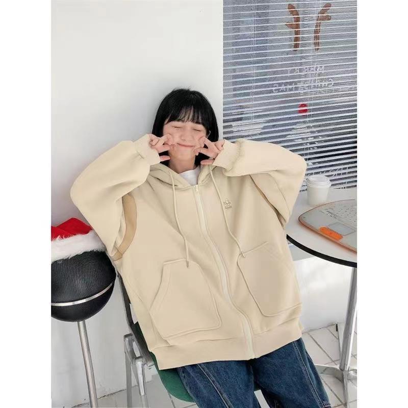 Autumn and winter velvet thickened jacket for female students, lazy style, loose, Korean version, versatile cardigan, hooded sweatshirt, trendy