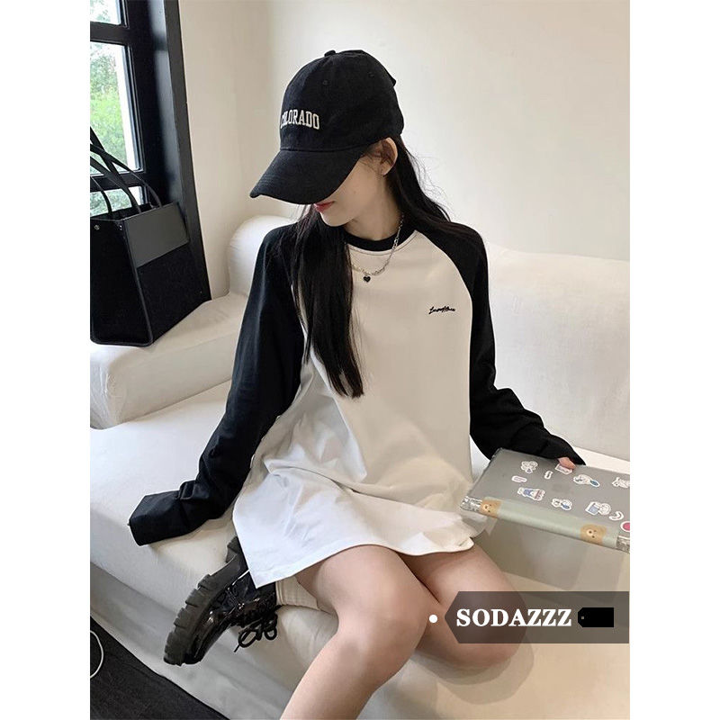 SODAZZZ撞色拼接長袖T恤女秋冬季美式字母印花寬鬆外穿內搭上衣潮