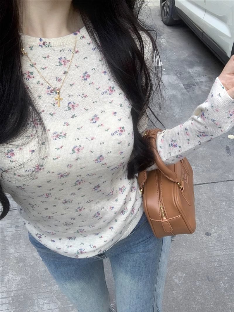 德絨碎花打底T恤女秋冬季新款修身顯瘦設計感小眾內搭長袖上衣