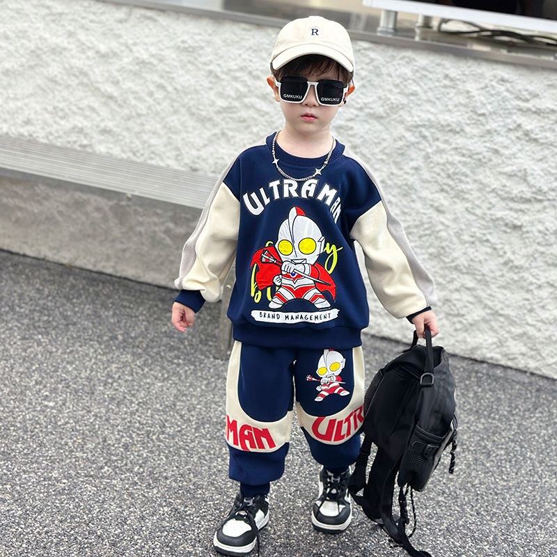 奧特曼衣服男童秋裝套裝23新款寶寶秋冬款運動兒童加絨衛衣兩件套