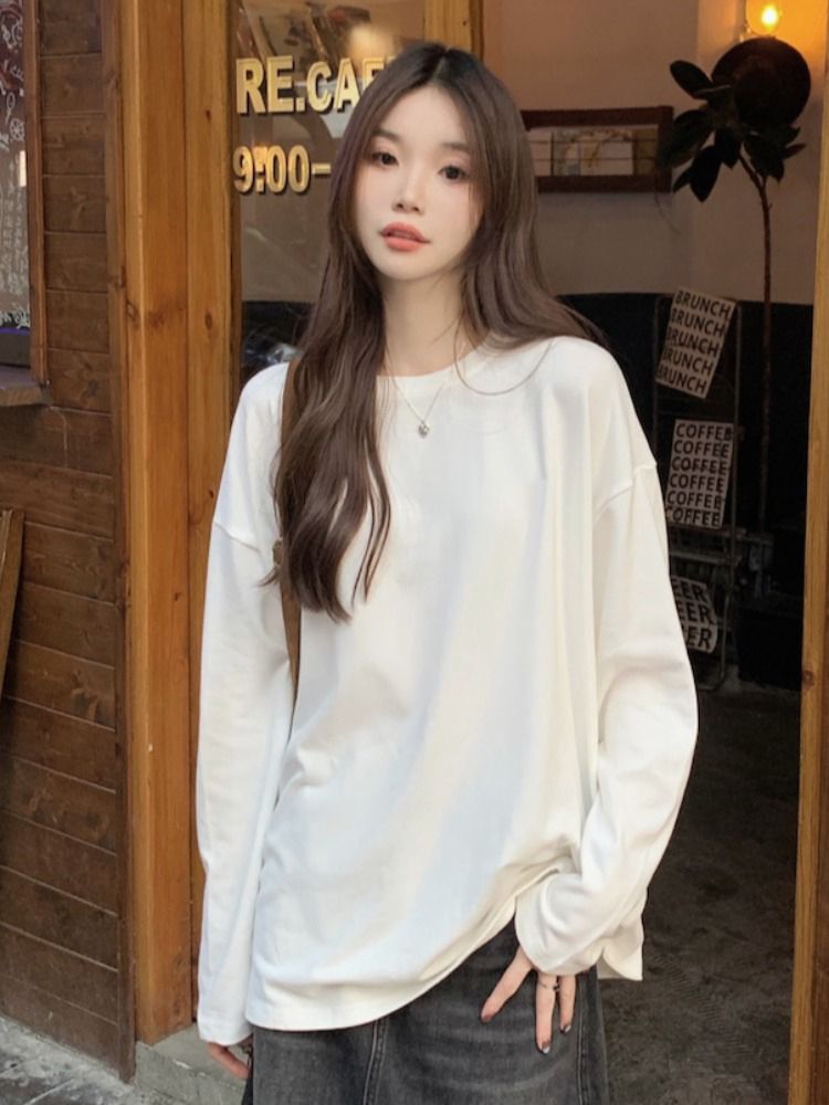 白色純棉T恤女2023年新款寬鬆內搭打底衫秋冬韓版長袖白t上衣圓領