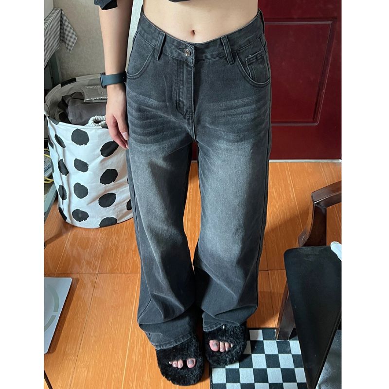 復古做舊黑灰色牛仔褲女小個子高腰直筒顯瘦寬鬆垂感闊腿拖地長褲
