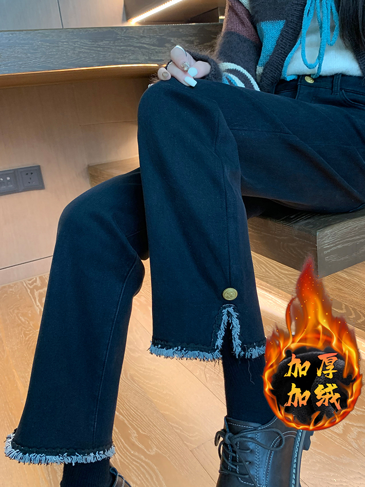 2023新款高腰顯瘦九分小個子法棍煙管褲黑色直筒加絨牛仔褲女冬季