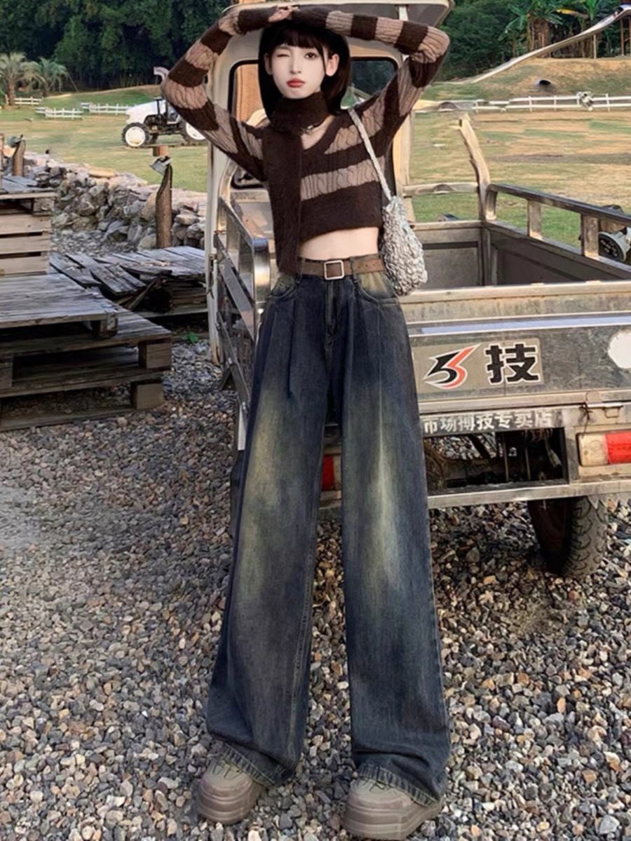 水泥灰闊腿牛仔褲女秋冬新款高腰顯瘦褶皺設計直筒拖地美拉德褲子
