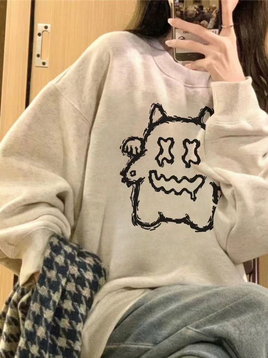 美式高街寬鬆圓領衛衣女2023秋冬季韓版中長款chic加厚上衣潮男生
