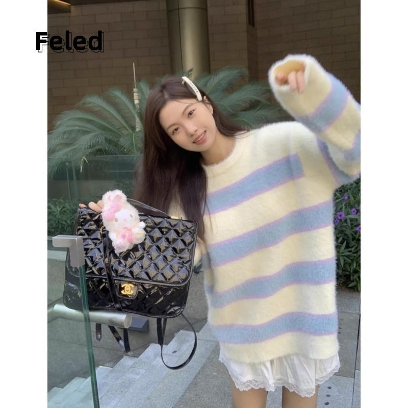 飛拉丹頓奶fufu慵懶條紋圓領毛衣男女秋冬內搭仿貂毛軟糯針織上衣