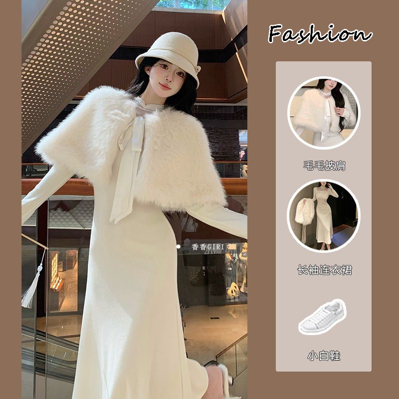 Suit women's autumn and winter new style gentle fur cape coat women's slim slim long-sleeved dress shawl outer wear
