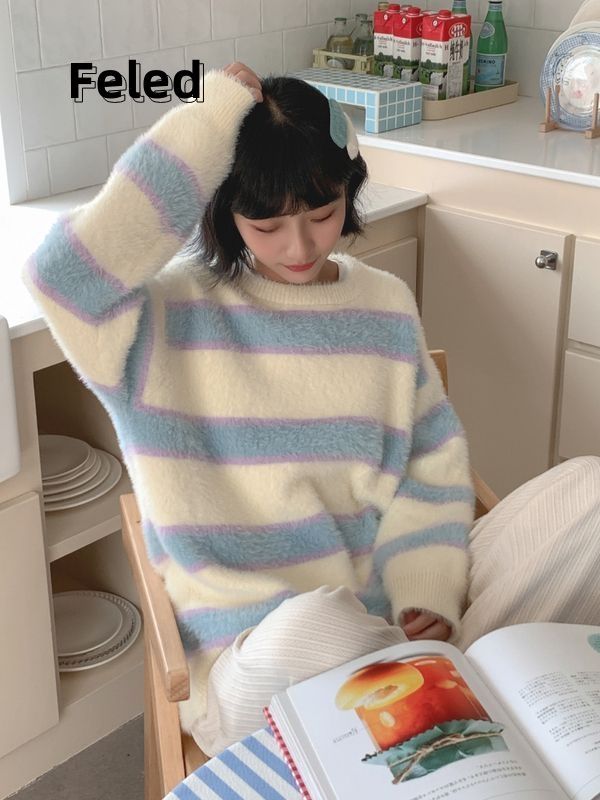 飛拉丹頓小眾簡約高級感針織毛衣男女小清新條紋撞色百搭情侶上衣