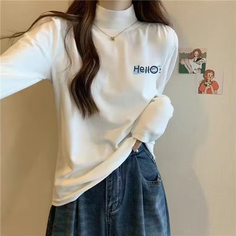 德絨修身保暖內搭長袖加絨t恤上衣女半高領秋冬季正肩百搭打底衫