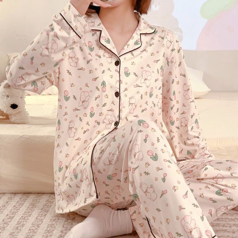 新款睡衣女春秋冬季純棉長袖開衫簡約夏天可外穿家居服套裝兩件套