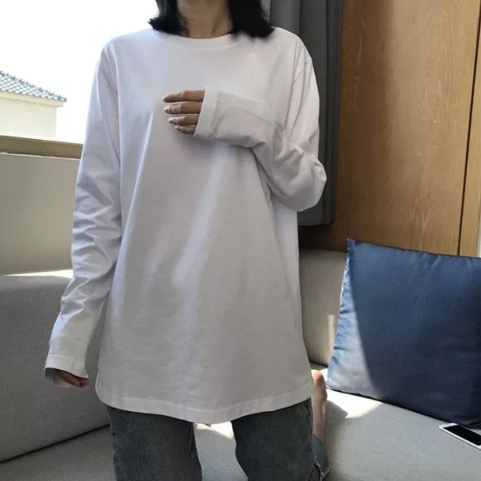 100%純棉白色長袖t恤女春秋新款打底衫寬鬆內搭疊穿上衣純色ins潮