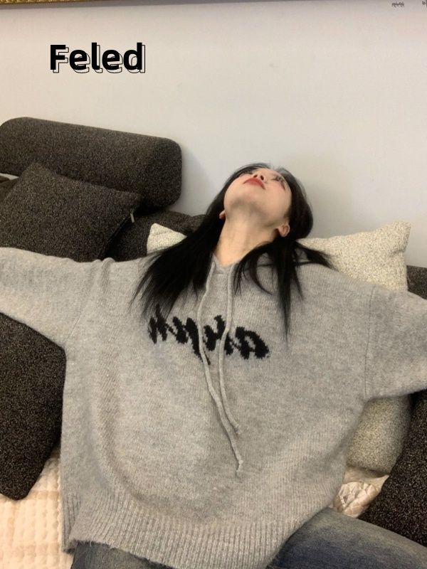 飛拉丹頓灰色連帽針織毛衣男女提花小眾設計感寬鬆顯瘦情侶潮上衣
