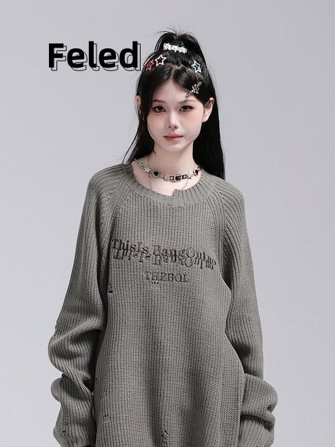 飛拉丹頓美式復古潮牌破洞設計感圓領針織衫男女嘻哈寬鬆百搭毛衣