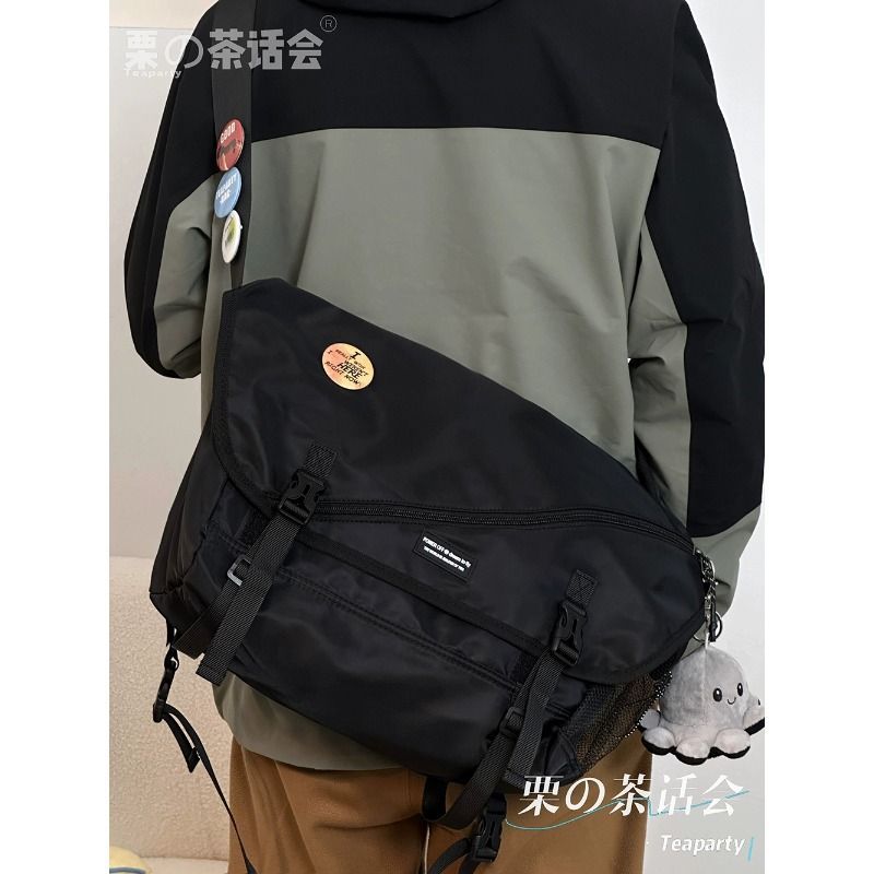 運動機能工裝風黑色郵差包男潮牌 ins原宿大學生斜挎包女單肩包潮