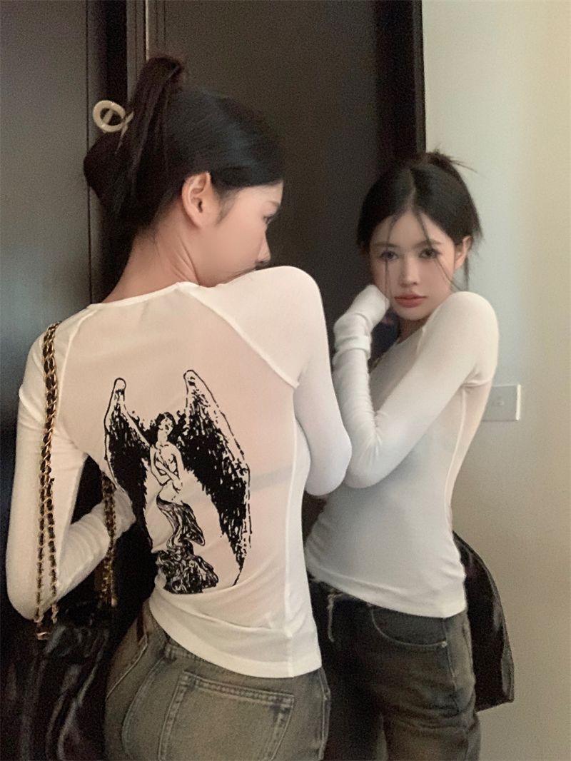 白色天使印花長袖T恤女秋季2023新款辣妹修身內搭打底衫微透上衣