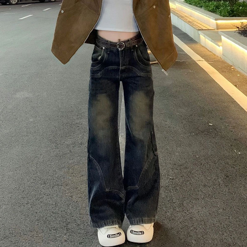 復古做舊不貼腿微喇牛仔褲女小個子高腰直筒顯瘦闊腿拖地長褲ins