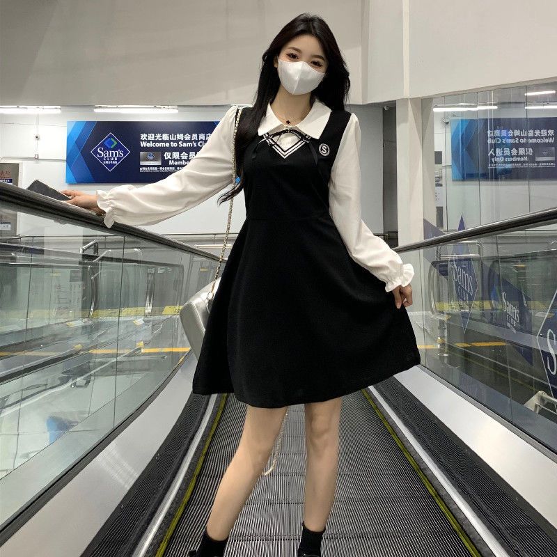 大碼女裝假兩件拼接連衣裙女2023秋季新款胖MM減齡學院風氣質裙子