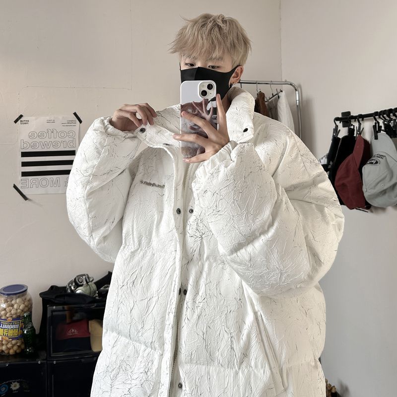 肌理感壓皺立領棉服男士冬季加厚高級感痞帥美式高街羽絨棉衣外套