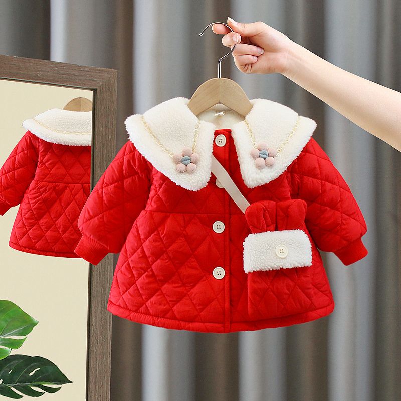 Girls' cotton-padded jackets, winter clothes, stylish children's velvet quilted cotton-padded coats, baby cotton-padded jackets, thickened and warm, winter outerwear