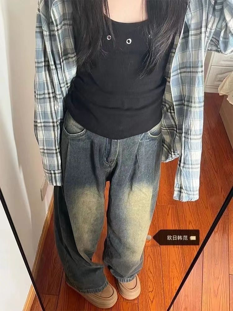 美式復古水泥灰寬鬆顯瘦直筒闊腿牛仔褲女秋冬新款設計感拖地長褲