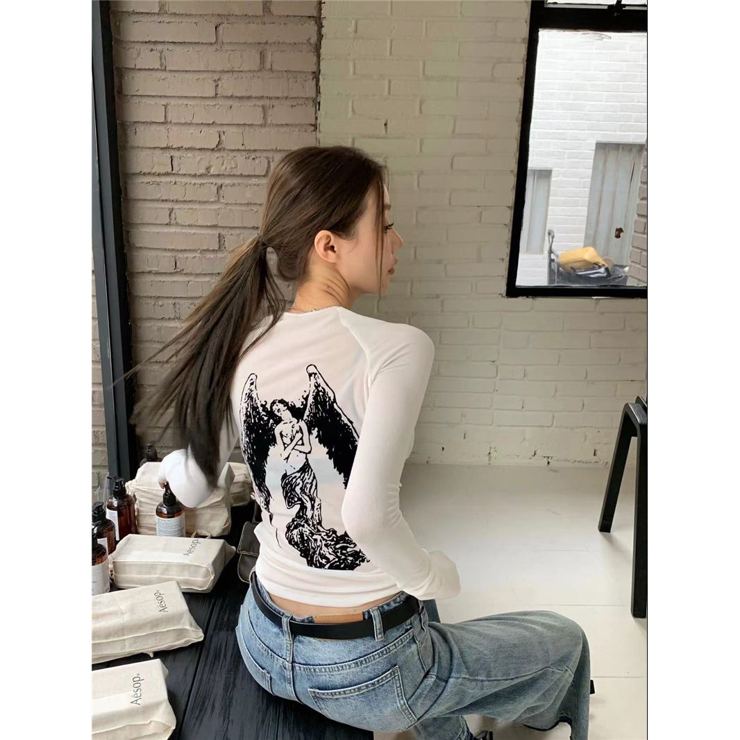 辣妹風天使印花長袖T恤女早秋設計感修身顯瘦內搭打底衫微透上衣
