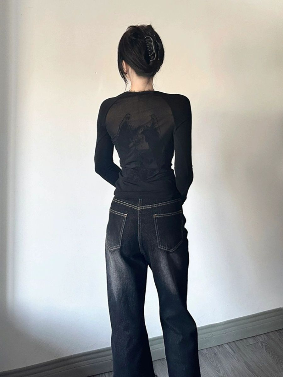 美式辣妹y2k長袖T恤女裝秋冬季黑色獨特别致修身打底衫內搭小上衣