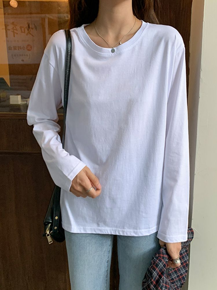 100%純棉長袖t恤女秋季2023新款韓版寬鬆百搭白色打底衫上衣ins潮