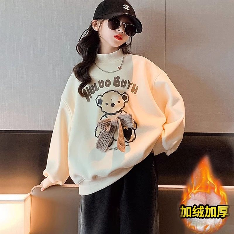 女童加絨加厚衛衣一體絨2023新款秋冬保暖打底衫中大童洋氣上衣潮