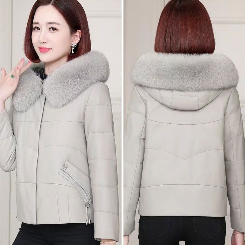 Haining leather jacket plus velvet cold-proof short hooded new winter down jacket fashionable fox fur collar top