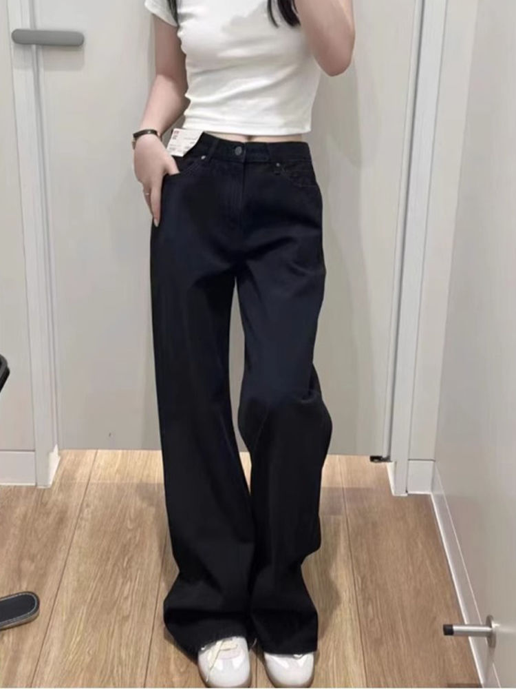 黑色復古闊腿牛仔褲女冬季新款高腰寬鬆顯瘦百搭垂感直筒拖地褲子
